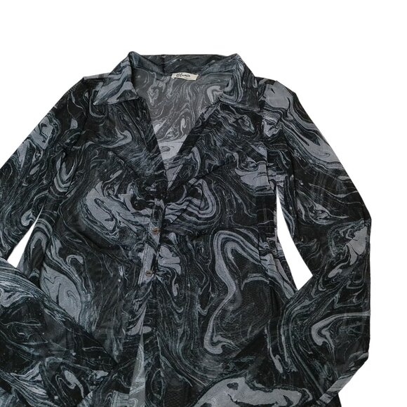 Blouse 3X NWOT button-down shirt slim fit long sleeve sheer abstract black gray - Picture 3 of 5